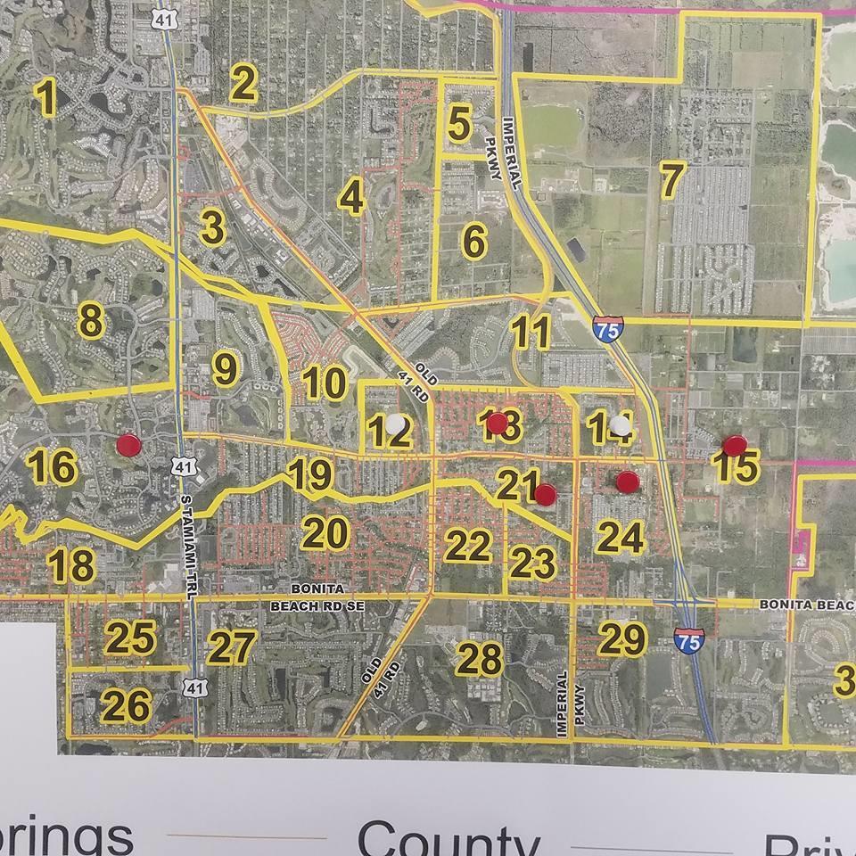 Where are the trucks in Bonita Springs currently doing debris removal? The photo below represents where the debris trucks are now and where they have completed the first sweep.