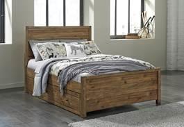 simple lines for a casual contemporary lifestyle Bed offers under bed drawer unit for added storage Round metal knobs finished in an aged iron color Fully finished drawer