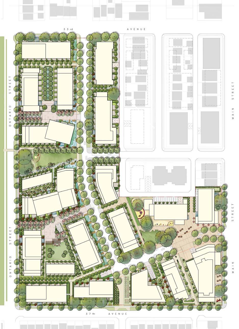Figure 2-9: Site Plan with examples how design objectives are attained Sustainable Design: North-south alignment improves sunlight for most dwelling Sustainable Design: Linear rain garden along