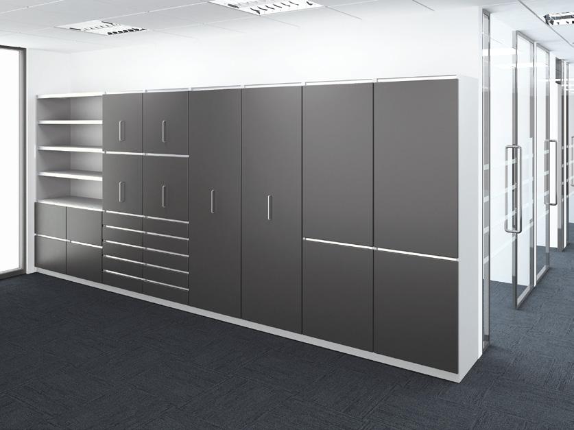 The Beta example wall comprises open shelving, file cabinets, drawer packs, tall storage cabinets and pull out storage cabinets for storage of equipment and or samples.