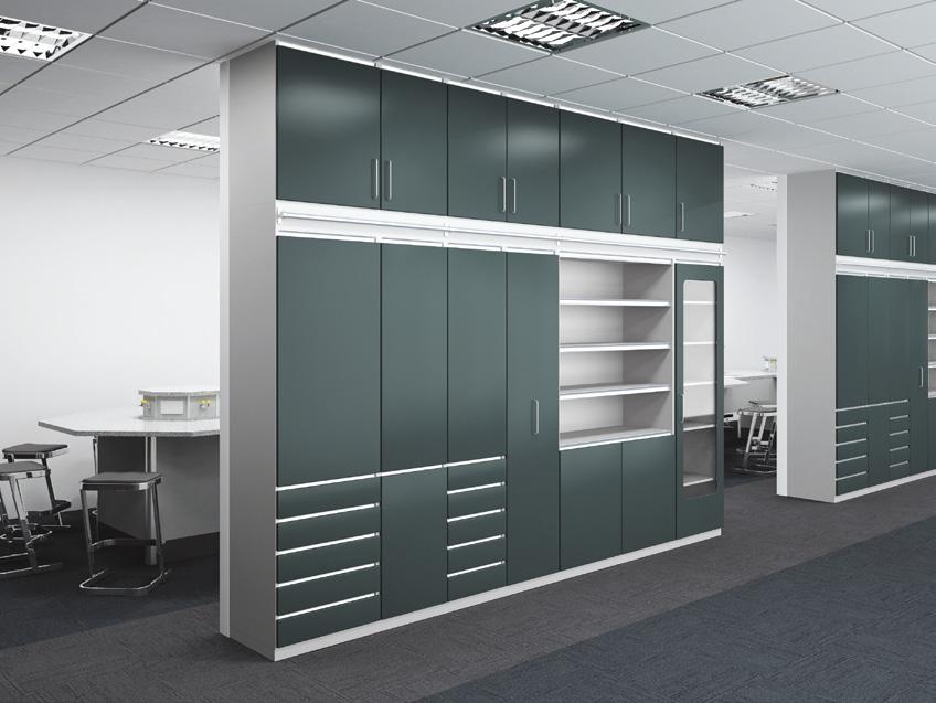 The Delta example wall comprises open shelving, file cabinets, drawer packs, tall storage cabinets and pull out storage cabinets for storage of equipment and or samples.