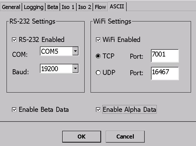 ASCII Tab (with RS-232 or WiFi option) This page contains the settings for ASCII Communications Protocol broadcasts for Model 334AB units with either the RS-232 Option or the WiFi Option installed.