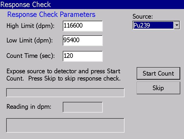 Running the Response Check After starting the Model 334AB program, the Response Check dialog is automatically initiated. It may also be initiated from the menu by tapping Monitor Response Check.