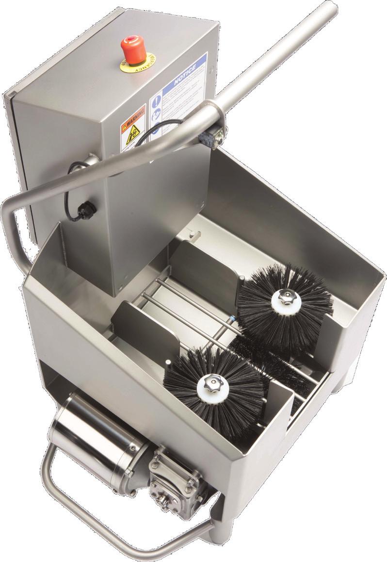 BSX600 Single Boot Scrubber Unit w/ Triple Rotating Brushes - Wet The user places one foot at a time into the unit and activates the system by grabbing the hand rail.