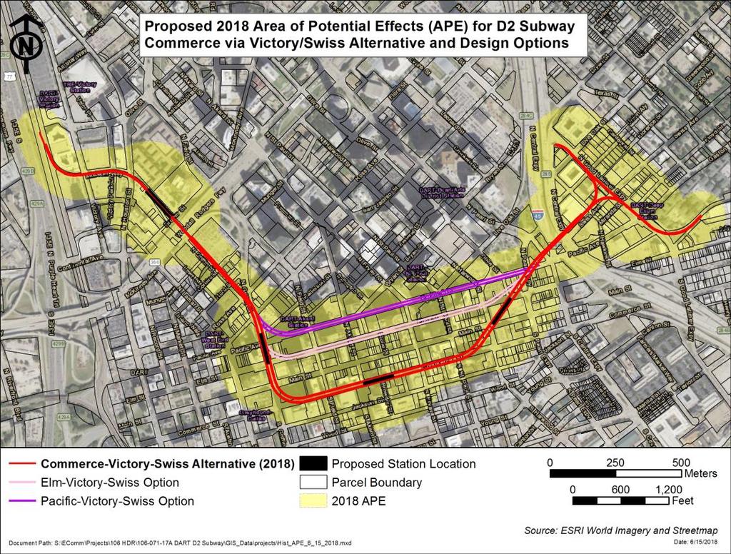 Cultural Resources Proposed Area of Potential Effects (APE) of 300 feet from either side of alignment 600-foot radius around the three subway stations to account