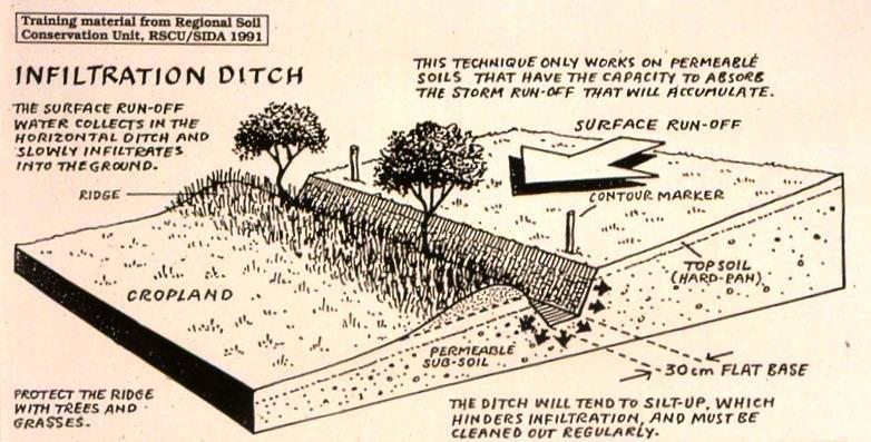 Diversion ditches are built as the infiltration ditch seen below, except that the floor