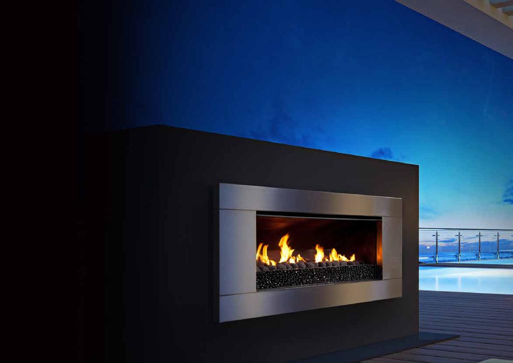 E Series_ Outdoor Gas or Wood Our outdoor gas fireplace becomes the conversation hub with just a simple push of a button and our wood fire makes a very dramatic statement with just a little more help