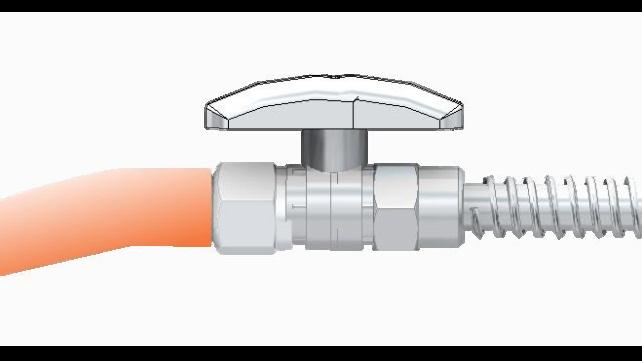 If plumbing directly to a natural gas line proceed to 3b. a. Attach the free end of flex hose to the top (outgoing) flare fitting of control valve and tighten fully with two wrenches.