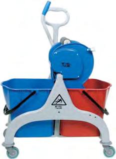 The split bucket system has two 4 gallon buckets with a non-leak divider and an integral drain plug, while the double bucket system provides two 6 1 /2 gallon buckets.