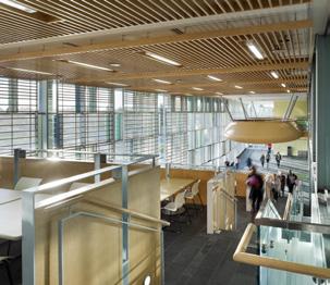 Student commons and public amenities are expressed as expanses of glass curtains, with long lines of horizontal mullions.
