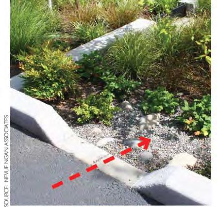 Allow a change in elevation of 4 to 6 inches between the paved surface and biotreatment soil elevation, so that vegetation or mulch build-up does not obstruct flow.