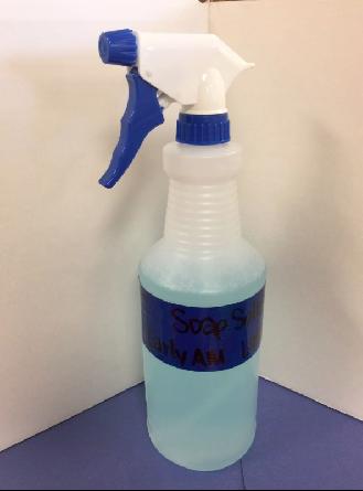 Soapy Solution We use a dilution ratio of 2 teaspoons Dawn Dish soap (blue) to 1 quart water to make our soapy solution.
