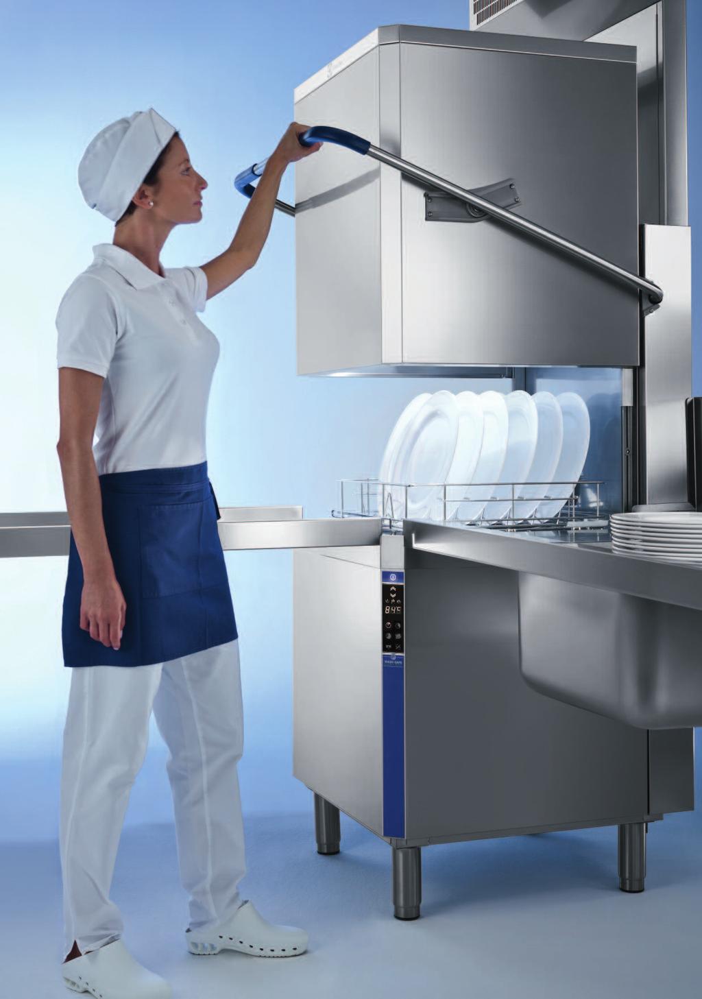 The new Electrolux hood type dishwasher uses just 2 litres of fresh rinse water yet boasts the highest throughput in its class 1134 dishes an hour.