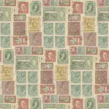 Postage Stamps Faraway places with strange sounding names are faithfully represented on this multicolored wallcovering.