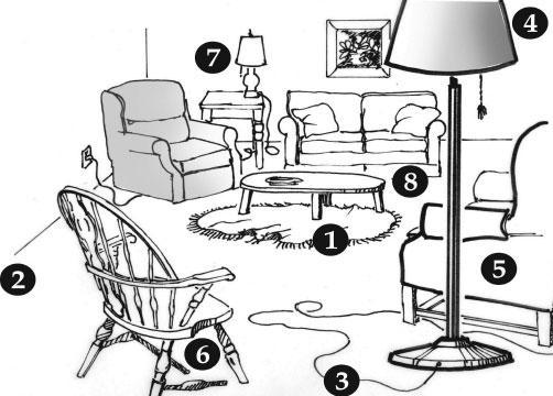 Living Room: 1. Presence of throw or scatter rug 2. Presence of clutter 3. Presence of electric cords across the floor 4. Poor lighting 5. Presence of unstable furniture 6.