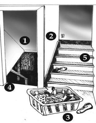 Staircases: 1. Poor or lack of lighting 2. Lack of railings 3. Clutter 4. Steps too steep 5.