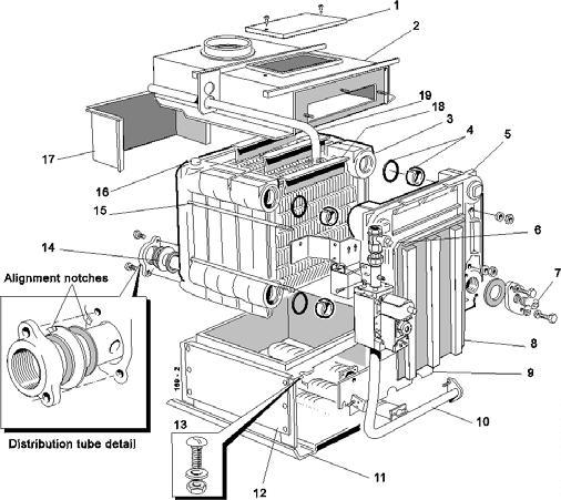 INSTALLATION INSTALLATION 5 CONCORD CXA BOILER ASSEMBLY - Exploded view Legend 1. Cleanout cover 2. Collector hood 3. Middle section 4. Section alignment rings & 'O' rings 5. End section 6.