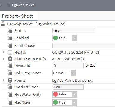 LG MultiSITE TM VM3 DRIVER CONFIGURATION AWHP Device Properties See the following Figure for the custom properties of the LgAwhpDevice.