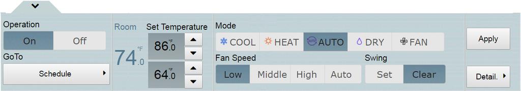 In the Details window, set up values for the IDU device, such as operation, temperature values, mode, fan speed, swing,