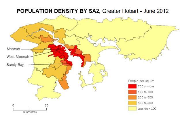 Population Density Hobart source ABS Regional Population Growth 2011-12 West Moonah 2,100 per km2 Moonah 1,900
