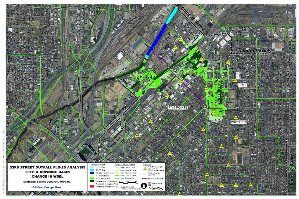 100-YEAR STORM DEPTH REDUCTIONS The 33rd Street Outfall System will alleviate (relatively) frequent flooding problems in the Five Points/Whittier/Cole neighborhoods; however, benefits can also be