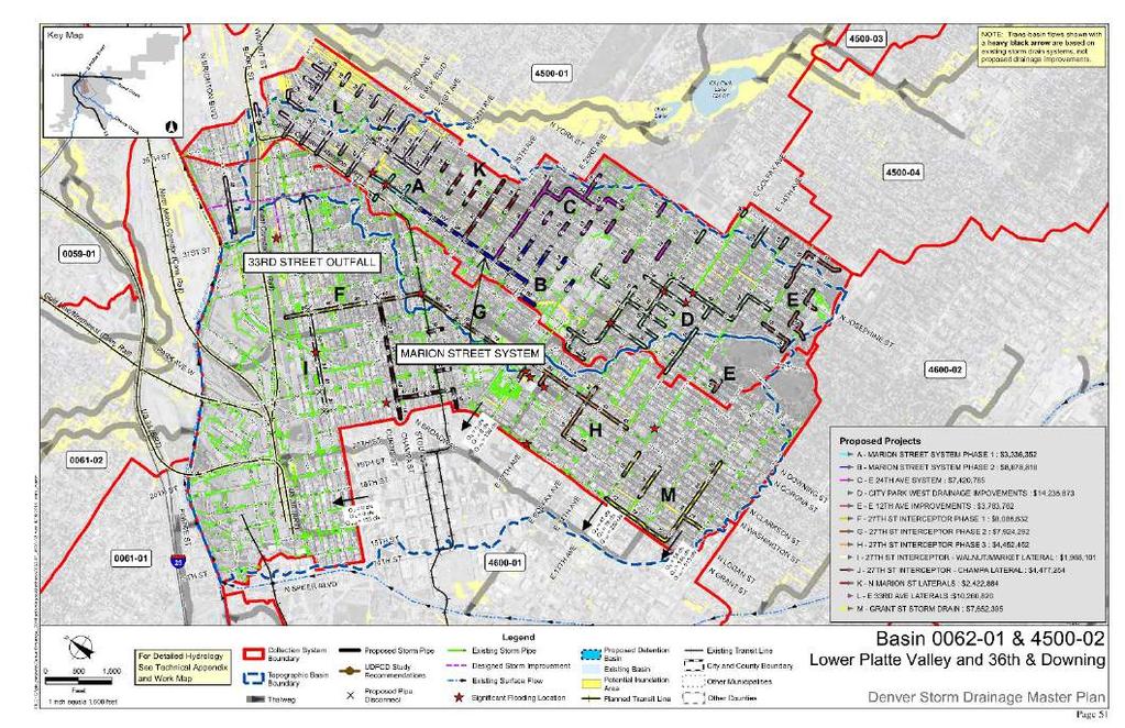 MARION STREET SYSTEM The Marion Street System is a key component for upgrading the level of drainage service within the Whittier neighborhood (projects "A" and B" in the master plan map, right).