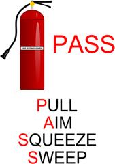 Select the appropriate type of fire extinguisher. Discharge the extinguisher within its effective range using the P.A.S.S. technique (pull, aim, squeeze, sweep).