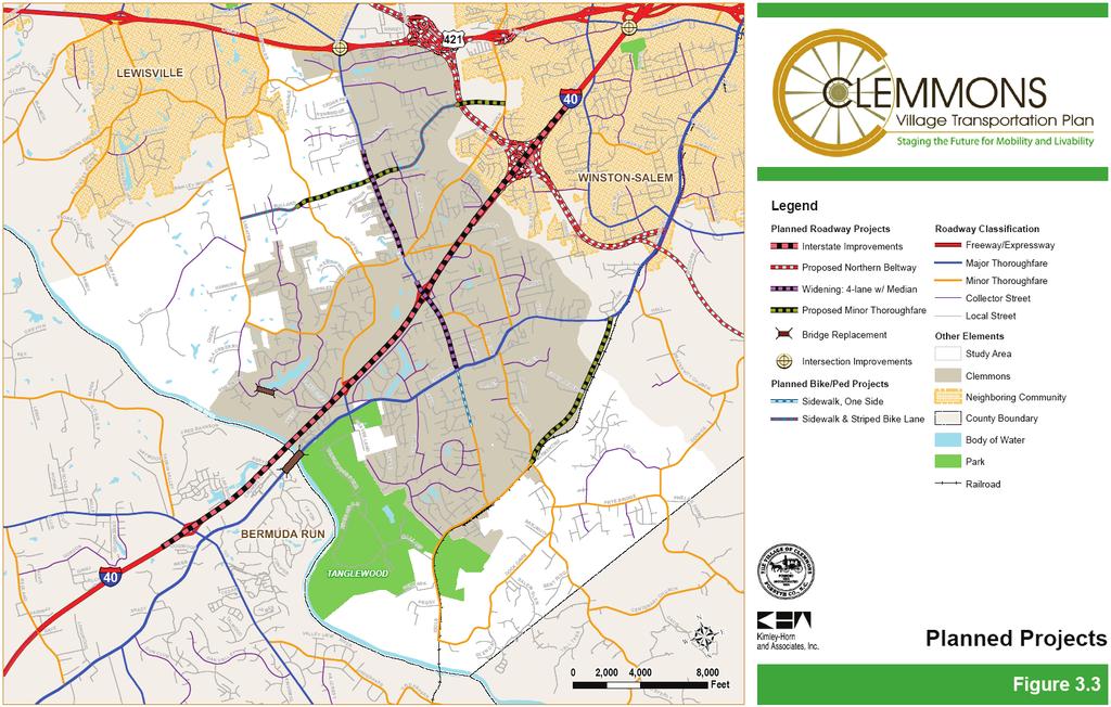 The map below identifies the planned roadway projects in the Village Transportation Plan.