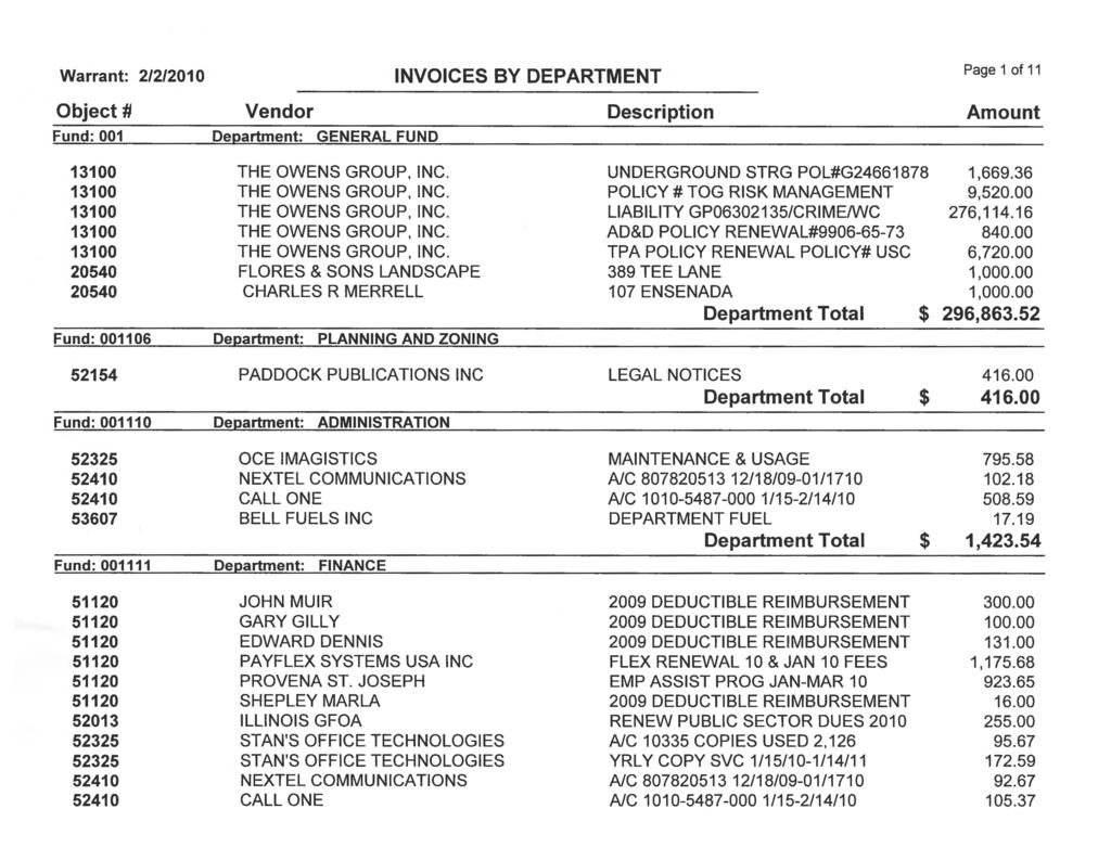 Warrant: 2/2/2010 INVOICES BY DEPARTMENT Page 1 of 11 Object ~ Vendor Description Amount Fund: 001 Department: GENERAL FUND 13100 THE OWENS GROUP, INC. UNDERGROUND STRG POL#G24661878 1,669.