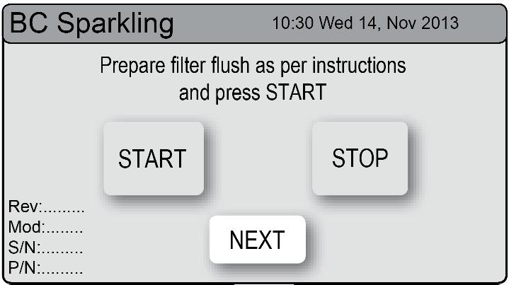 Press the [START] button to commence the purging process. 2. Purge for 10 seconds and ensure all water has stopped flowing through the tap. (You will hear the CO 2 gas escaping from the tap). 3.