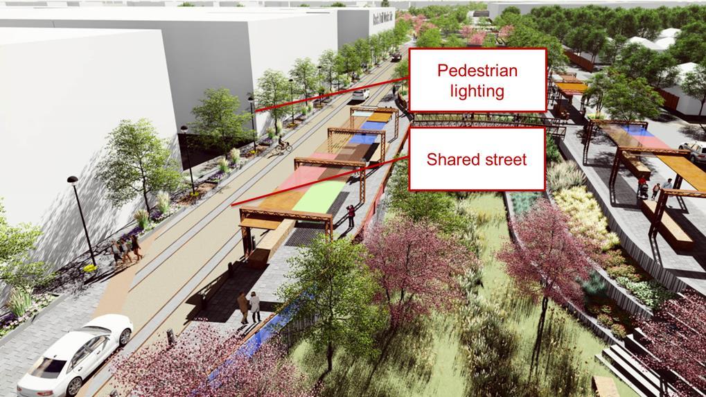As seen in the concept below, the shared street will use enhanced paving and will most likely be concrete with enhanced scoring patterns to make it look and