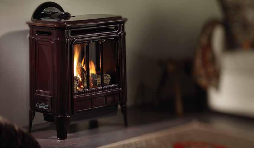 Hampton H27 medium gas stove in enamel timberline brown finish with decorative glass grill.