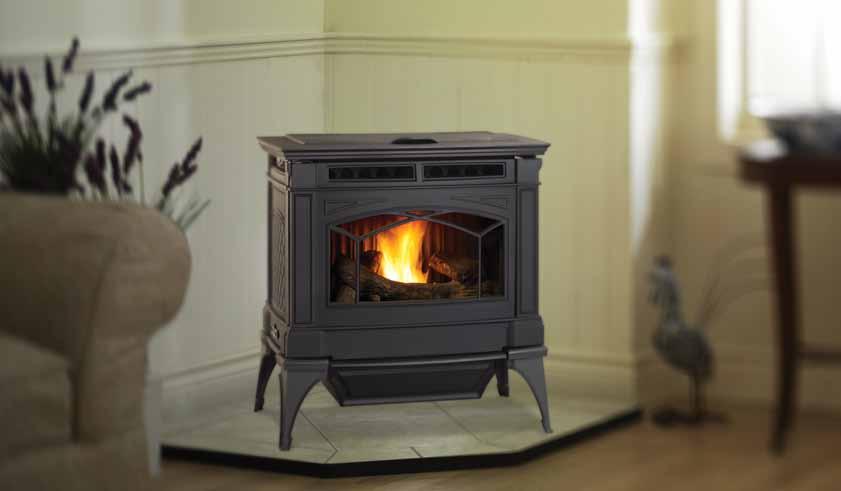 Hampton GC60 pellet stove in charcoal gray finish with optional ceramic log set. Specifications GCI60 GC60 BTU input (on high)* 55,000 55,000 BTU input (on low)* 10,000 10,000 Optimum efficiency 83.