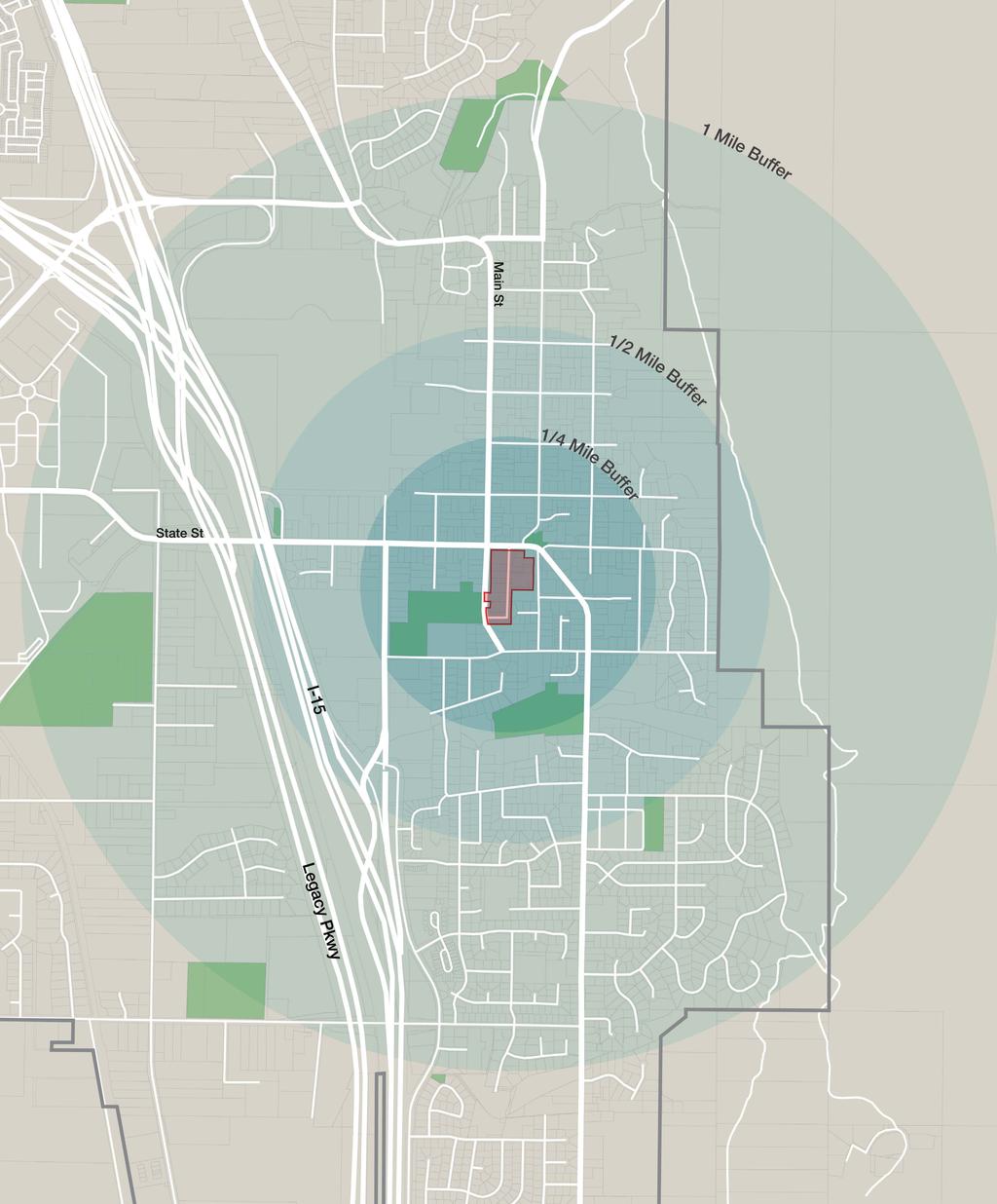 The three concentric circles around the site indicate the approximate distance these nodes and attractions are located from the Memorial Courthouse Campus site.