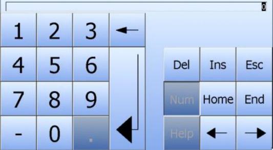 Numerical Entries: When you touch an IO field on the HMI device touch screen that requires only a numerical entry (Password, Temperature, number of seconds etc.) the following keyboard will appear.