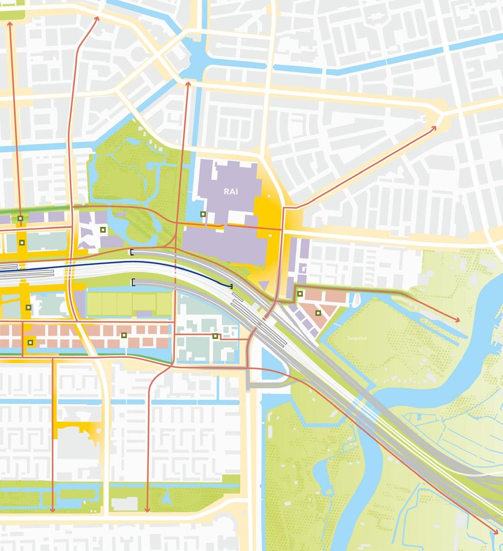 This map shows two important developments in Zuidas: a shift in accent away from work and more to residential and to improving accessibility by bicycle and public transport.