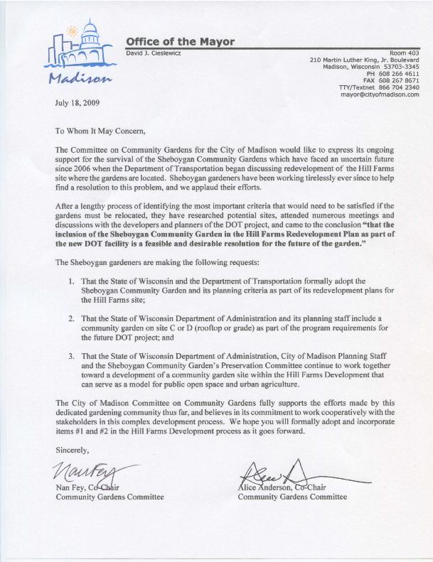 Attachment 1: Committee on Community Gardens Letter of Support for Sheboygan