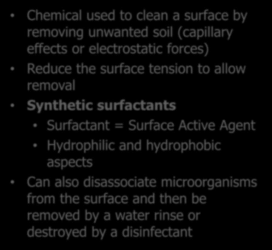 Detergents Chemical used to clean a surface by