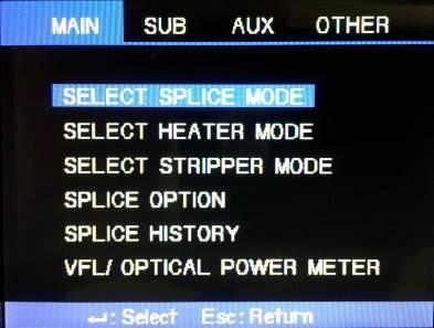 Selection of a splice mode Select an appropriate splice based on the type of the optical fiber to be spliced. 1) Press ENTER key on the initial screen to open menu.