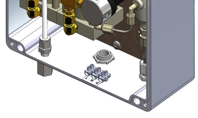 Connect the AC power wires to the terminal block mounted on the inside bottom of the enclosure near the ½ conduit hub inlet.