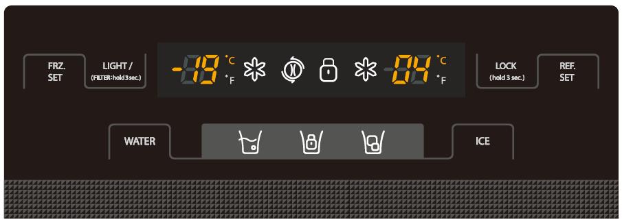 FUNCTIONS ( Dispenser model's display ) [ Dispenser Models ] 1. Display ( Dispenser Type ) a b c d e f a b c d e f Temperature adjustment button for freezer compratment.