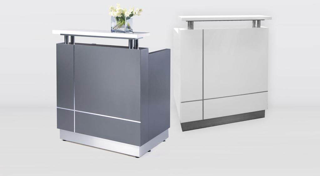 RECEPTIONIST Description: Elegant and versatile. Ideal for retailers. Counter body in metallic grey 2-pack or high gloss white 2-pack with feature aluminium strips.