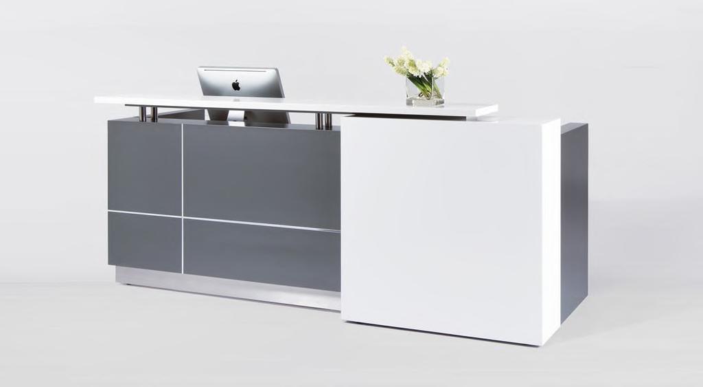 CALVIN Description: Stylish contemporary design with quality materials and fittings. Counter body in metallic grey 2-pack with feature matt white panel and aluminium trim.