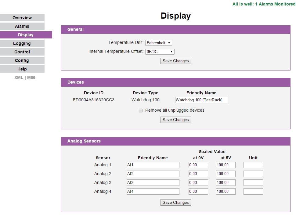 Display Page The Display page allows the user to assign friendly names to internal and attached sensors as well as change the default temperature unit of measure for sensors.