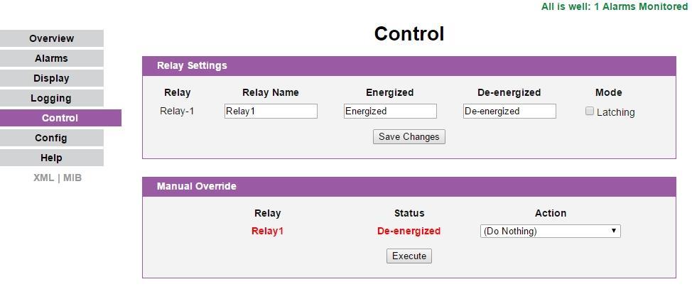 Figure 7: Alarms Page Control Page The Control page allows the user to control the relay settings for the unit.