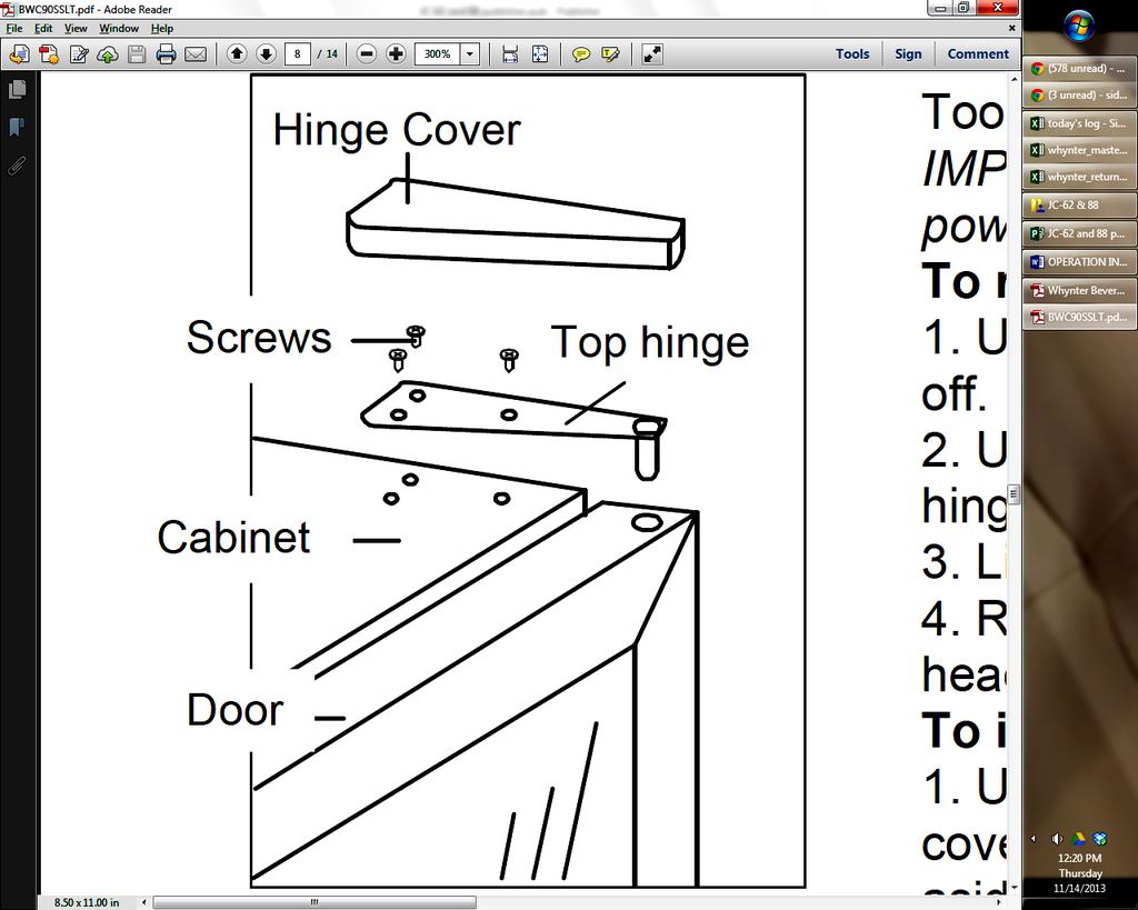 Using a Phillips screwdriver, remove the screws and take off top hinge. Keep the parts together and set them aside. 3. Lift the door off the bottom hinge and set the door aside. 4.
