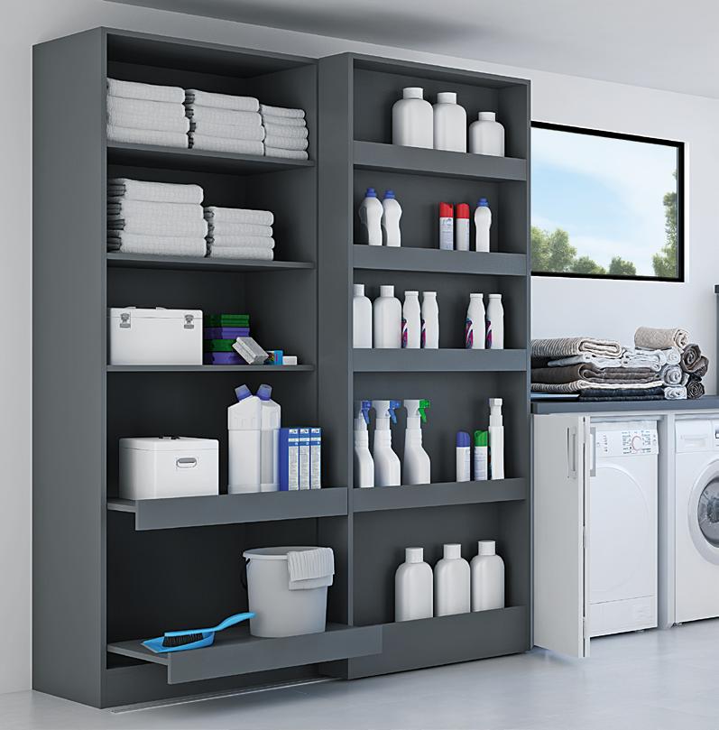 1 2 1. Sliding shelf: dual use for maximally visible storage space. Even large objects like vacuum cleaners and ironing boards have space behind the shelf. 2. Drawer runner Quadro: with the optional pull-out stop, the pull-out shelf can be securely fastened.