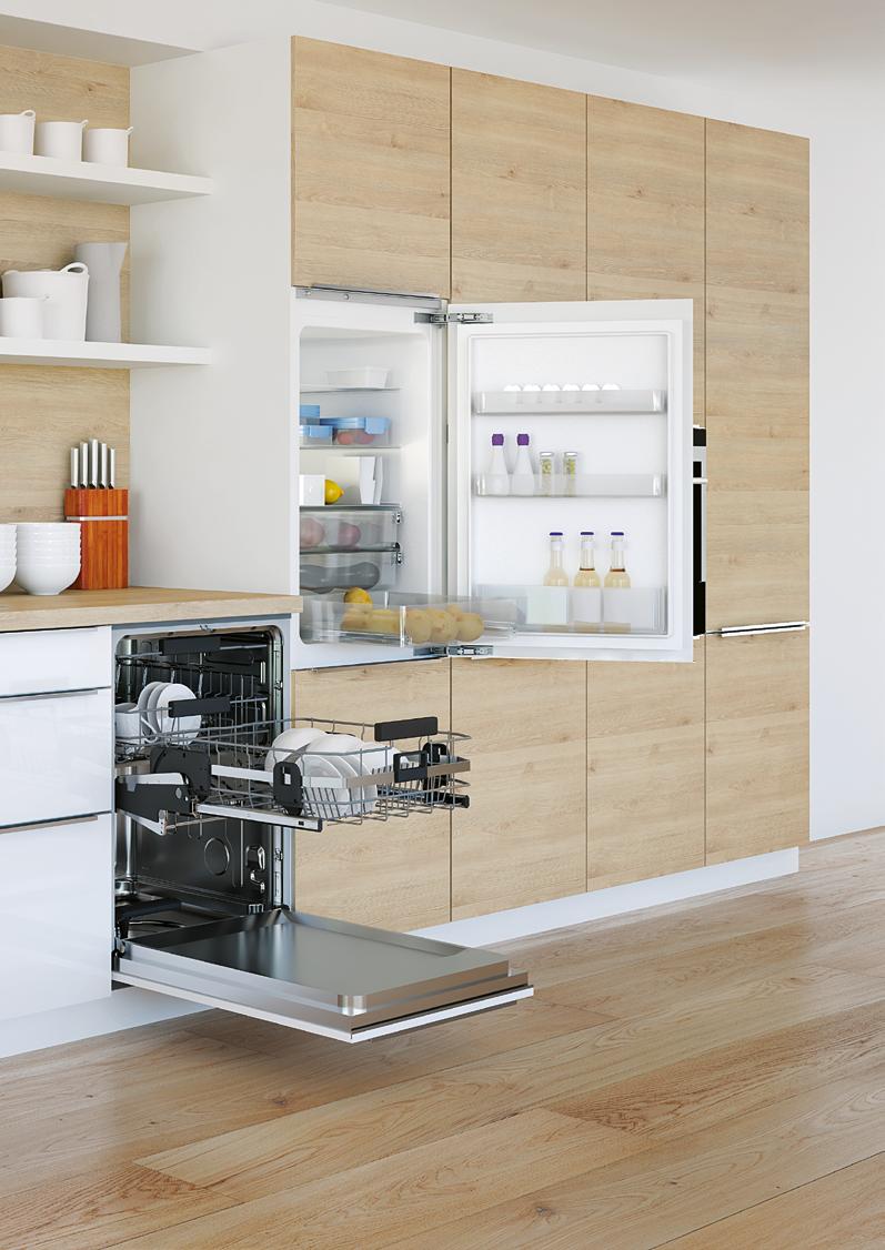 1. Electromechanical opening system Easys: opens refrigerator doors reliably and safely at a push. 2. Drawer runner Quadro Compact with Silent System: full access to fresh produce and freezer drawers.