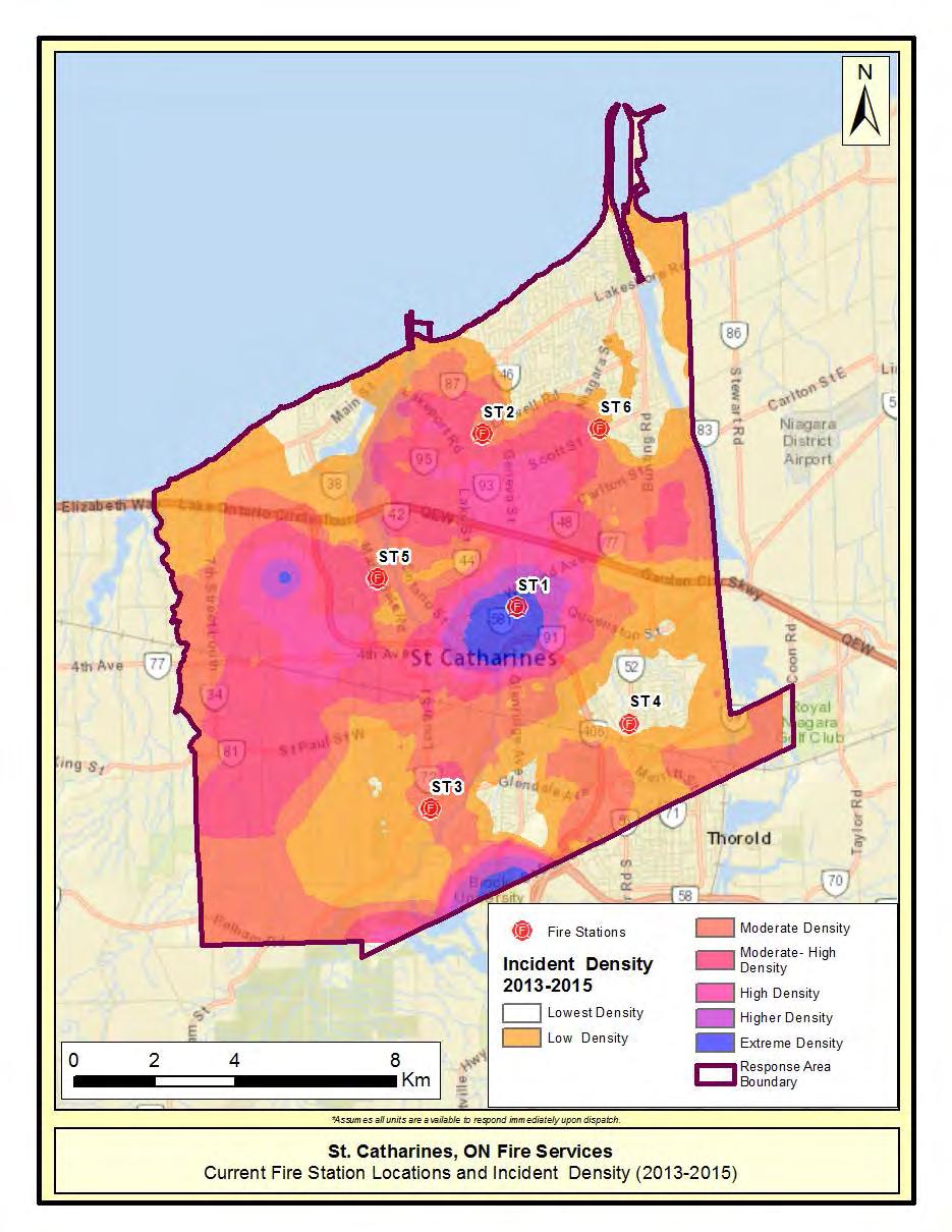 Map 2: Concentration of Emergency Response Incidents and Fire Station Locations in St. Catharines. Map 2 depicts the concentration levels of emergency incidents that occurred between 2013 and 2015.