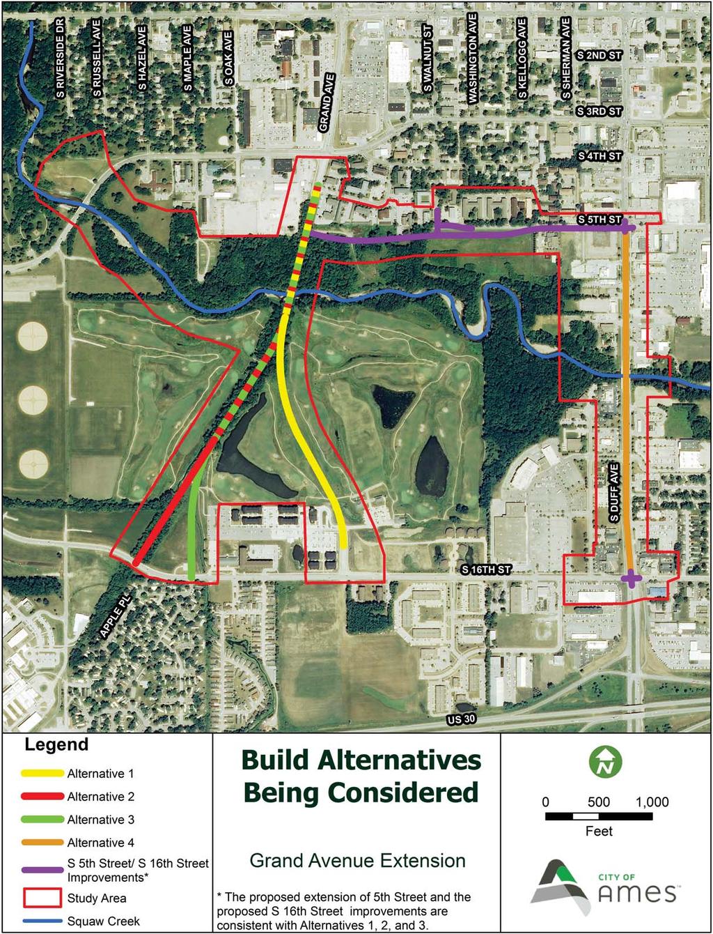 Four (4) alignments have been identified as potential Build Alternatives for the Grand Avenue Extension.